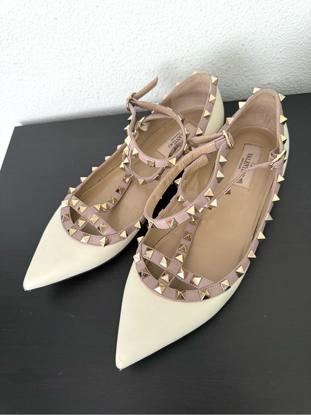 Valentino Rockstud Ankle Strap Pointy Toe Flats